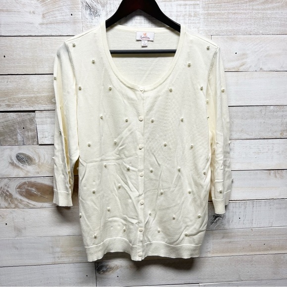 Quaker Factory Sweater Womens Large Button Up Ivory Pearls 3/4 Sleeve - Picture 1 of 9